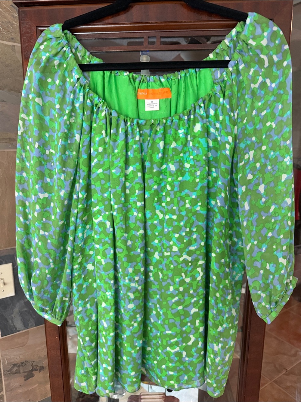 Cynthia Steffe Green Patterned Blouse with Blue Accents
